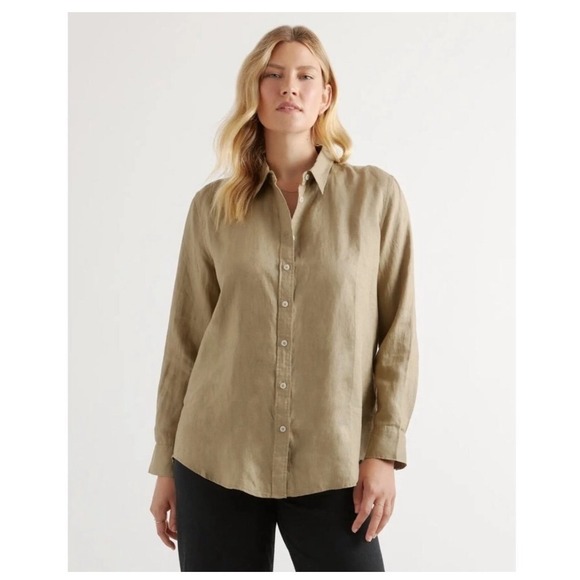 Quince Linen Long Sleeve Top M Olive Green Minimalist Safari Lightweight Button - Picture 1 of 11